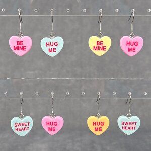 Candy Heart Valentine's Day Dangle Earrings - Be Mine - Hug Me - Sweet Heart